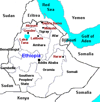 Map of Ethiopia - location of historical sites and administrative regions based on ethnic lines